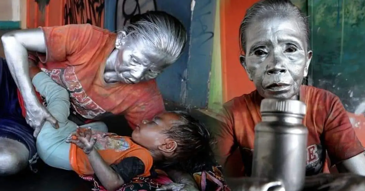 คุณยายทาสีเงินทั่วตัว