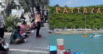 ภาพลูกจ้างตกงาน นั่งขออาหารริมหาดพัทยา