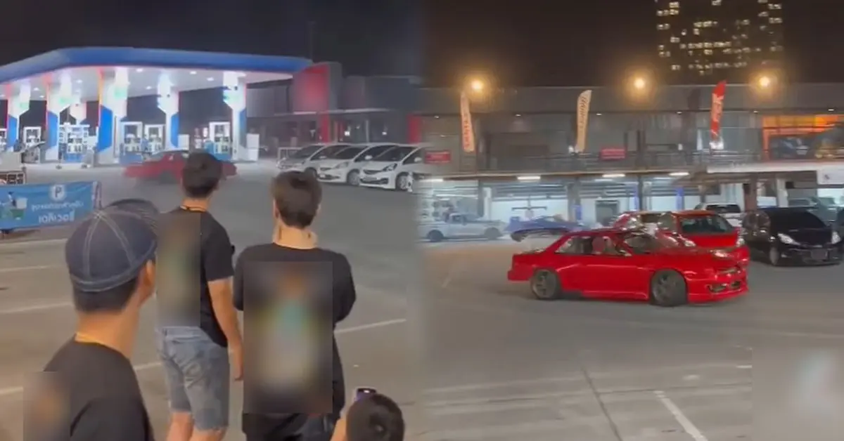 หนุ่มดริฟต์รถในปั๊ม