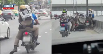 ตำรวจกระโดดเกาะท้ายรถมอไซค์