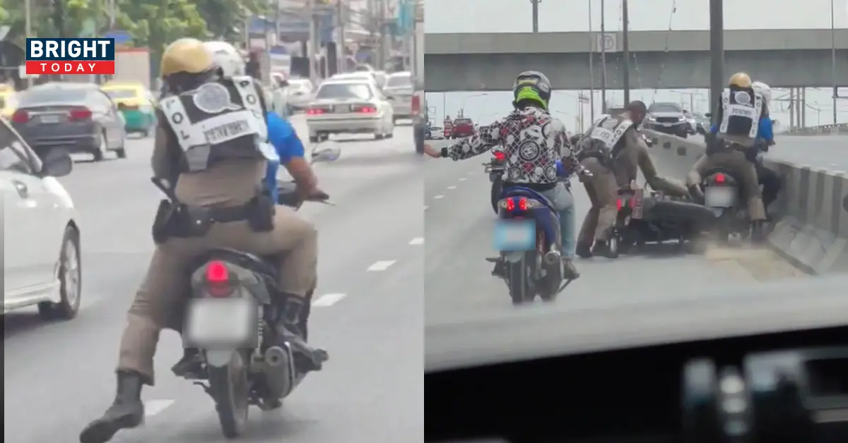 ตำรวจกระโดดเกาะท้ายรถมอไซค์
